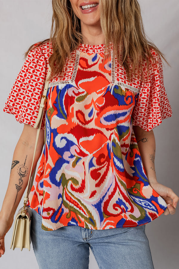Blouse femme patchwork, manches bouffantes — rouge