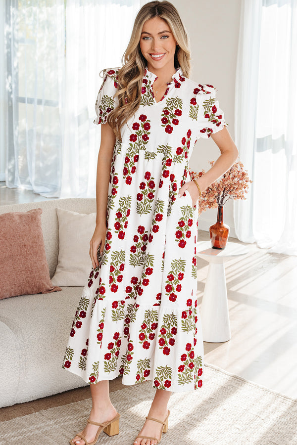 Robe longue femme floral, à étages, manches ballon, maxi — beige