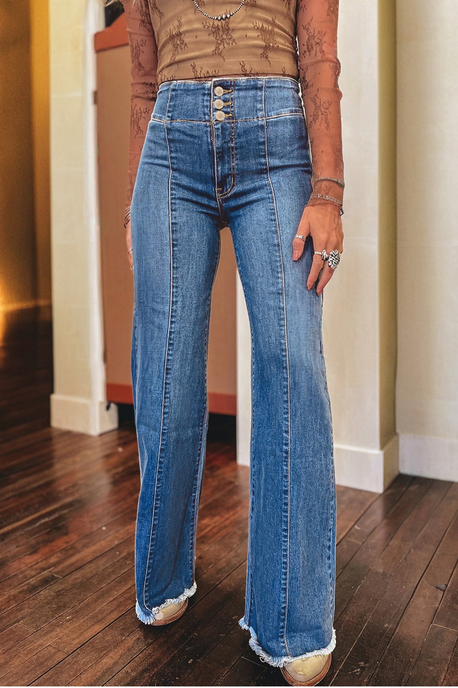 Jean femme boutonnée, taille haute — bleu