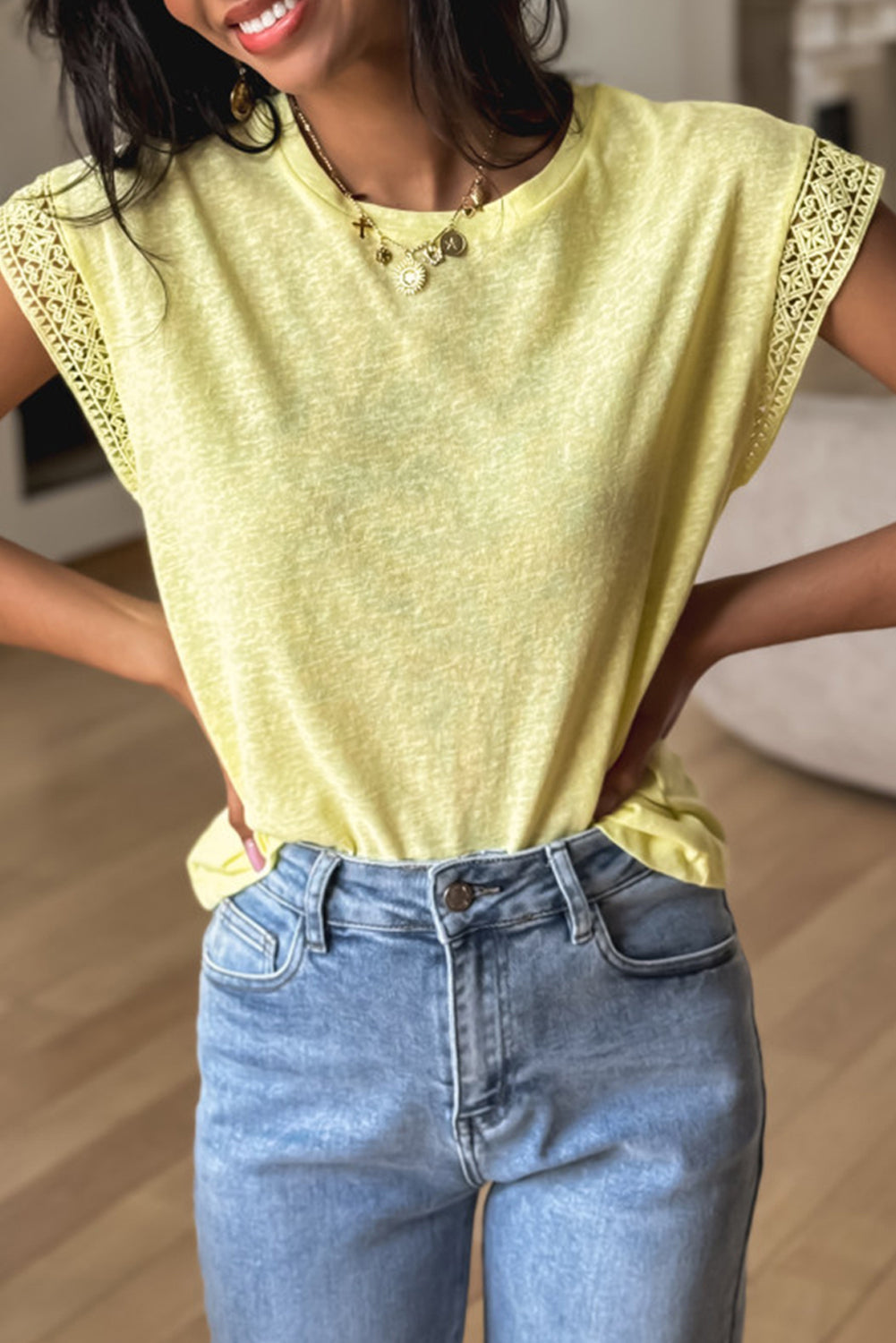 T-shirt femme patchwork, col rond — jaune