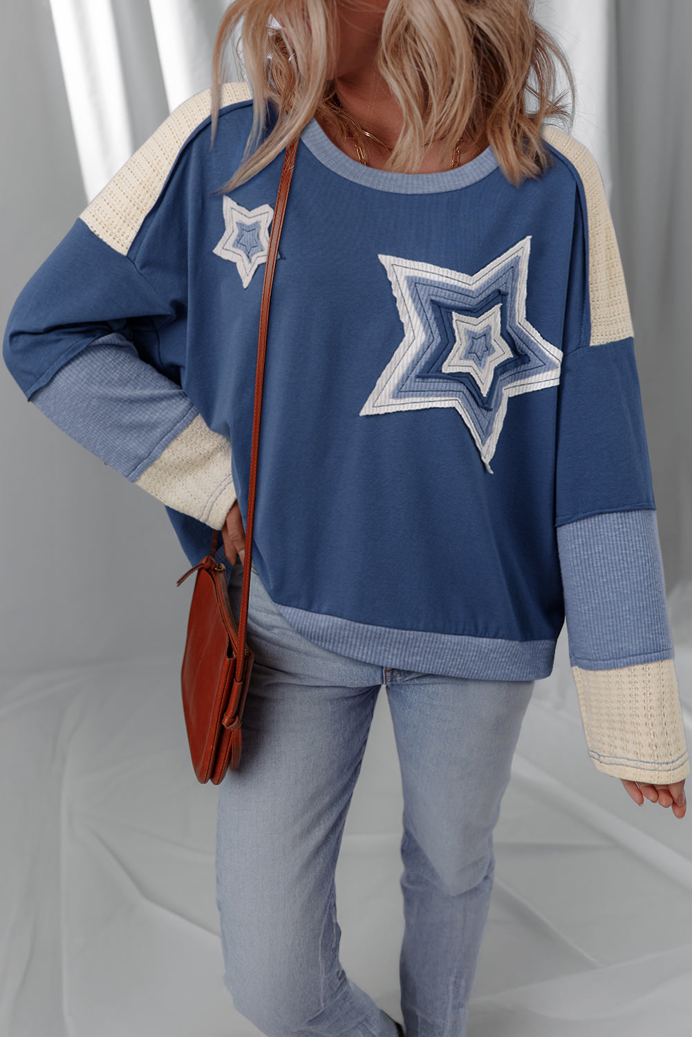 Haut femme patchwork, en maille, manches longues, colorblock — bleu foncé