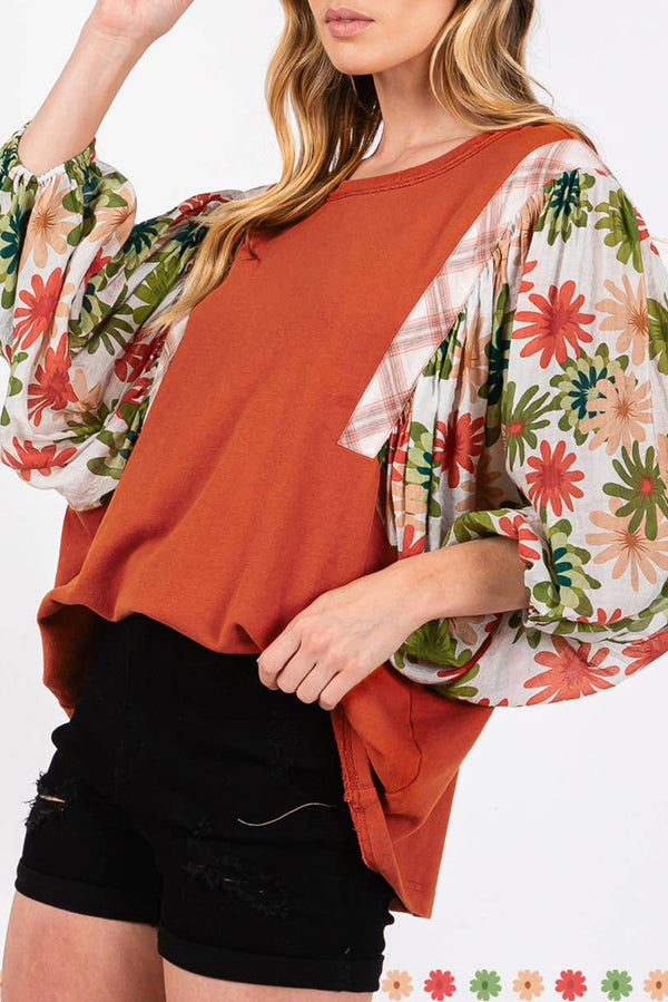 Blouse femme floral, patchwork, manches bouffantes, col rond — doré