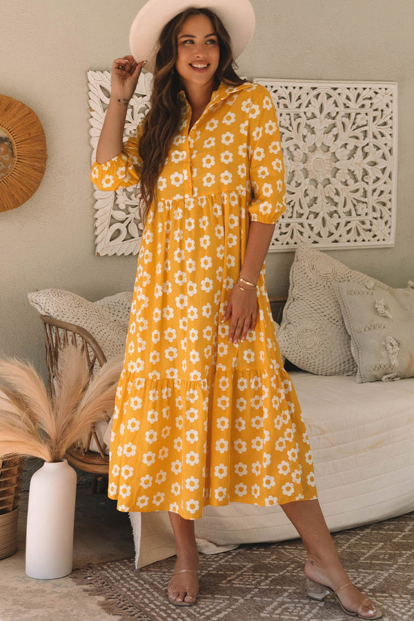 Robe longue femme boutonnée, manches bracelet, maxi — jaune