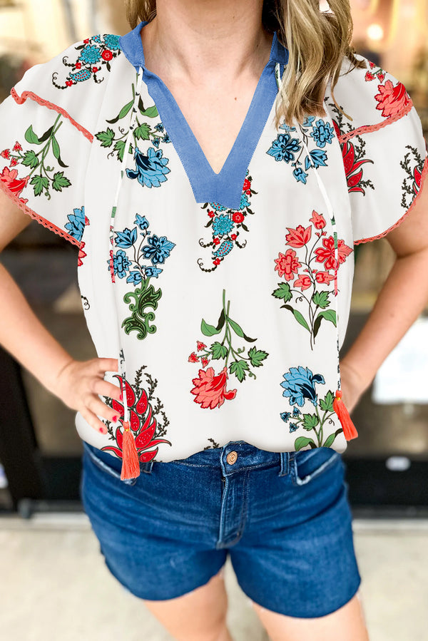 Blouse femme floral, manches courtes, col V — blanc · LC25129526-P101 · LC25129526-P101-L