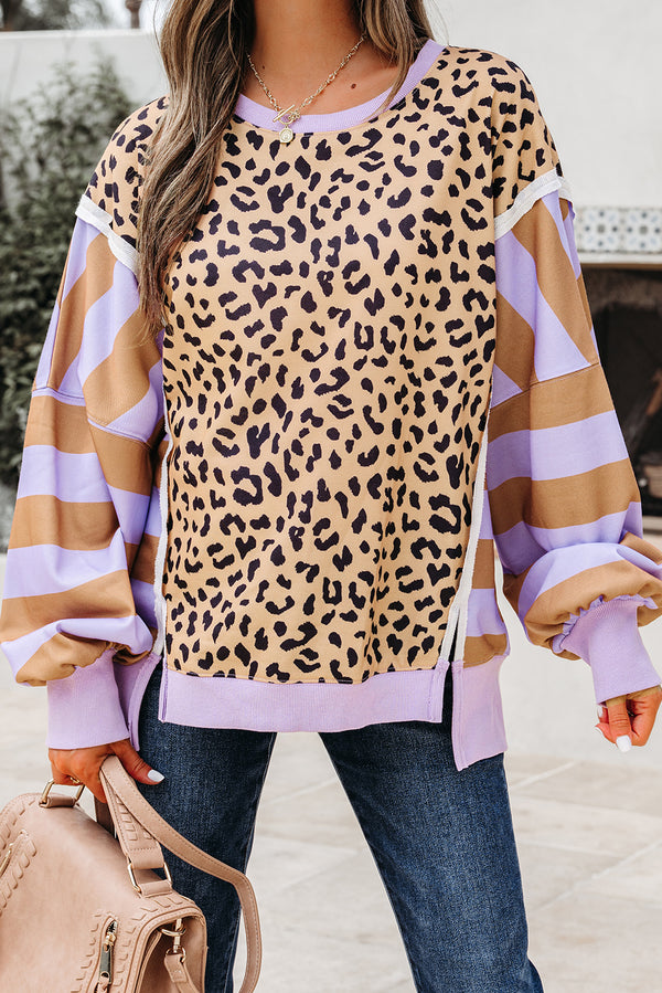 Sweat femme léopard, rayé, patchwork, casual, colorblock — violet
