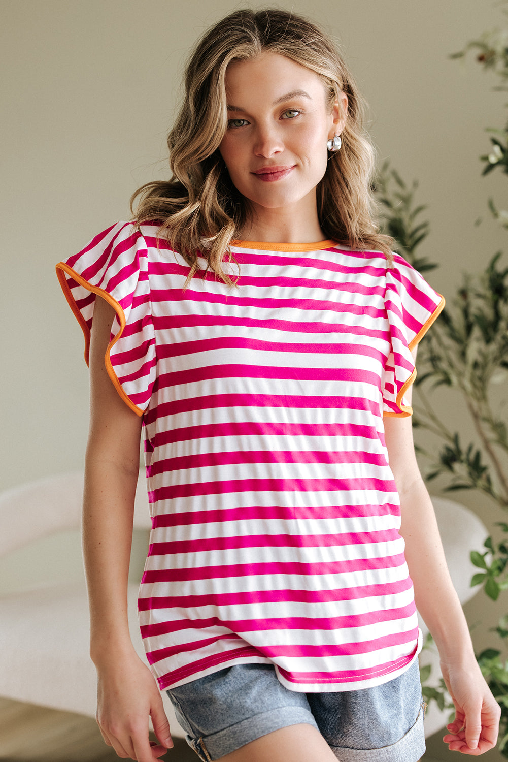 Blouse femme rayé, à volants, col rond — rouge rose