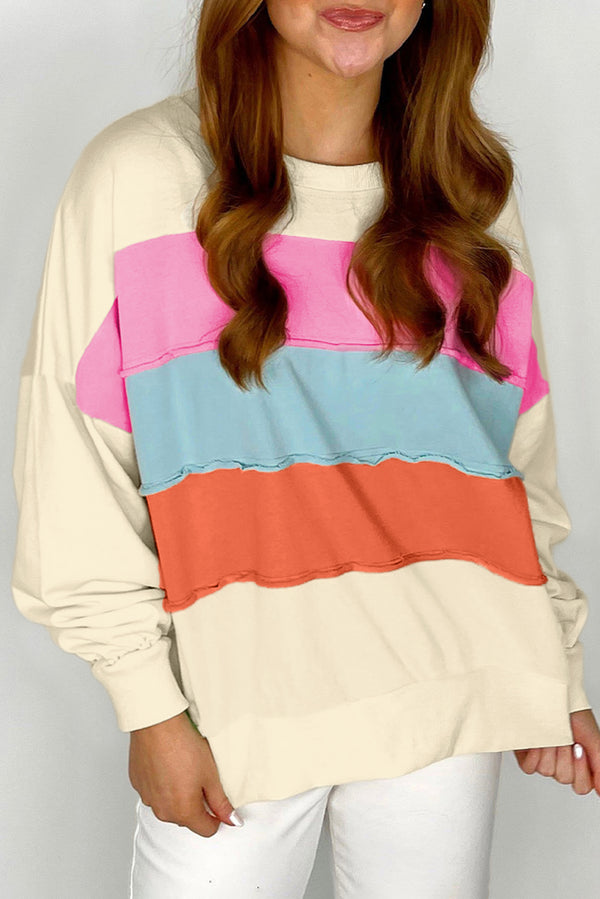 Sweat femme patchwork, épaules tombantes, col rond, colorblock — blanc
