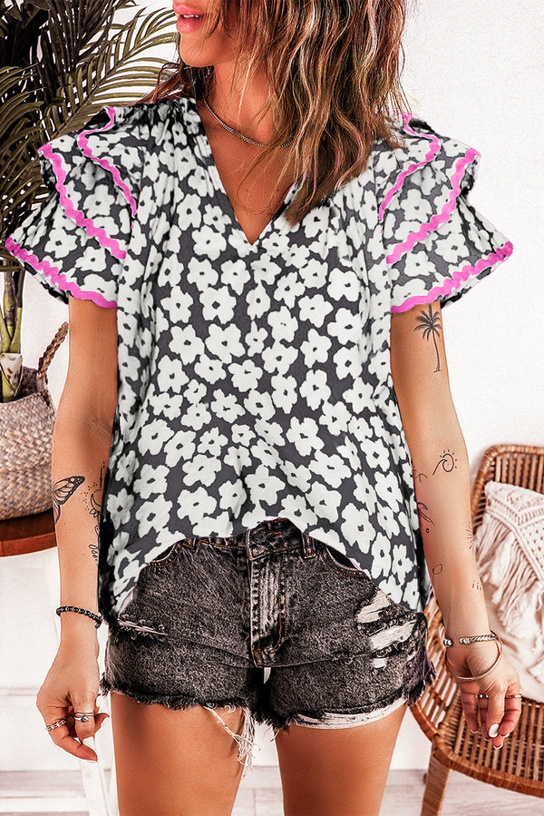 Blouse femme floral, à volants — noir