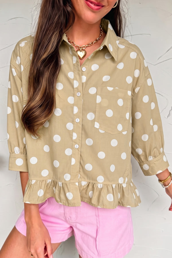 Chemise femme pois, à volants, casual — kaki