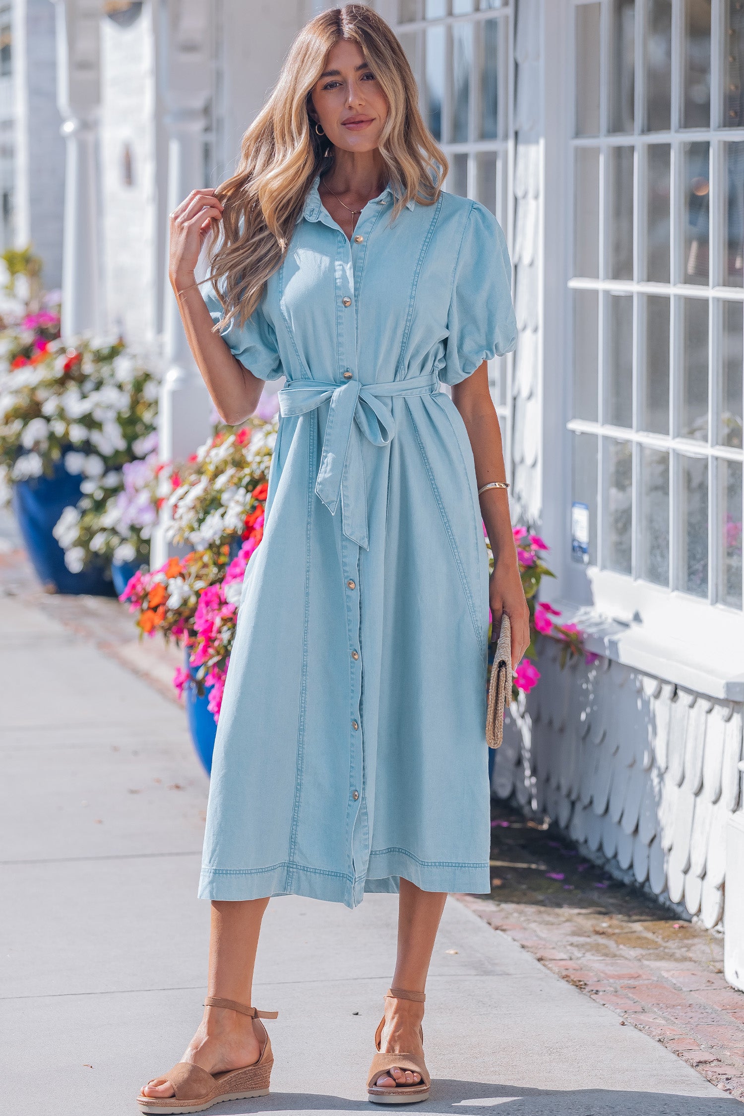 Robe femme boutonnée, manches ballon, denim — bleu ciel
