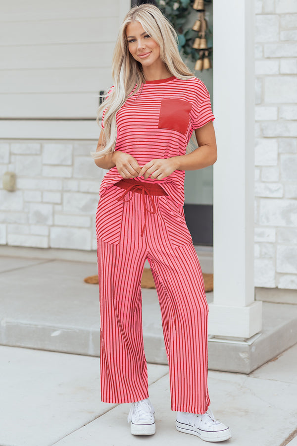 Pantalon femme rayé, à cordon, col rond, cropped