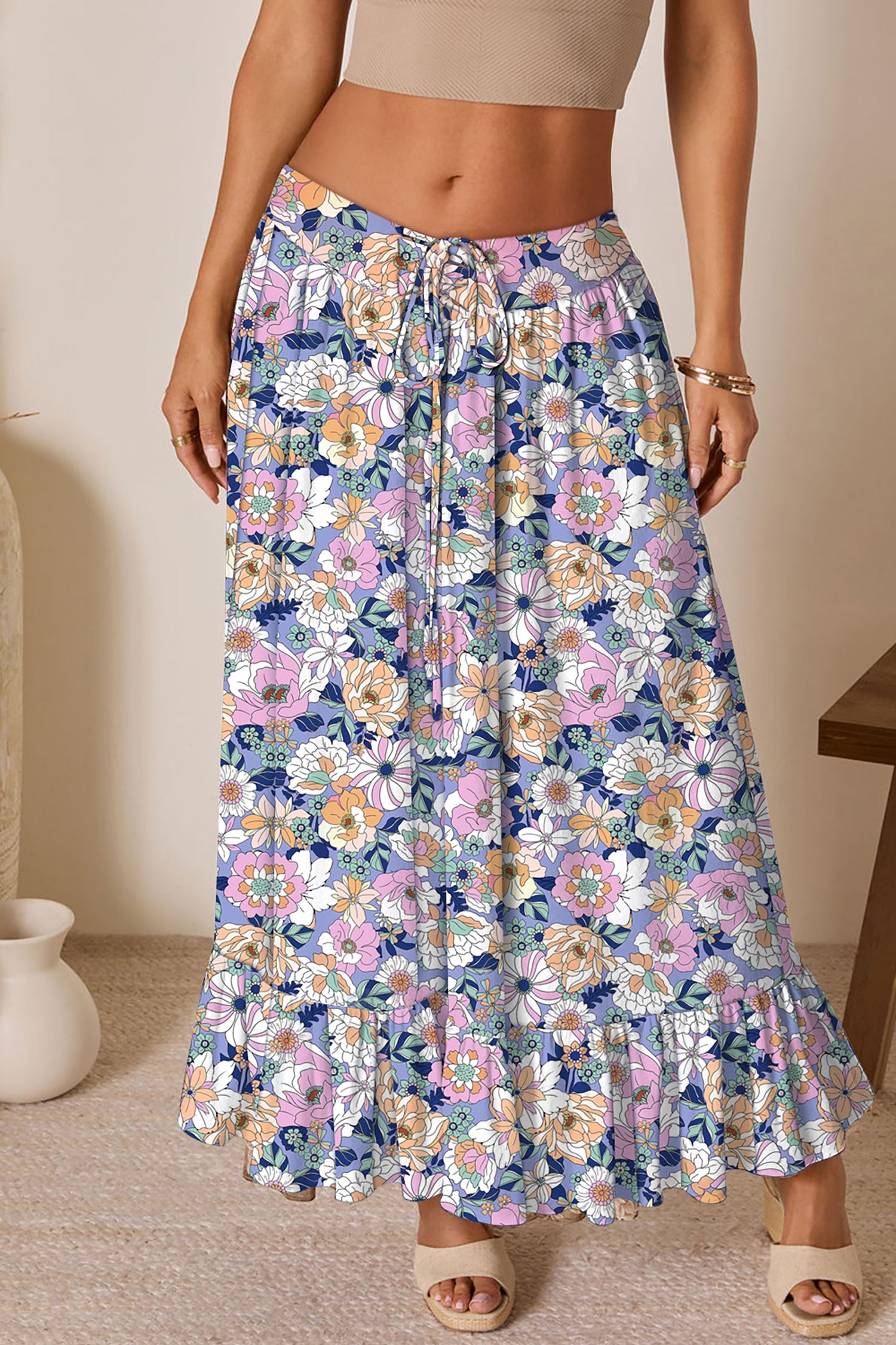 Jupe femme floral, à volants, taille haute, maxi — rose