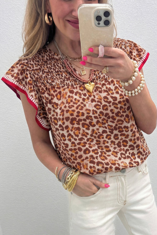 Blouse femme léopard, à volants, manches courtes, bordure contrastée — abricot