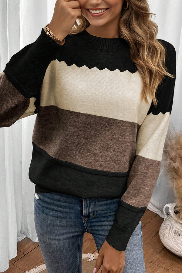 Pull femme épaules tombantes, col rond, colorblock — noir