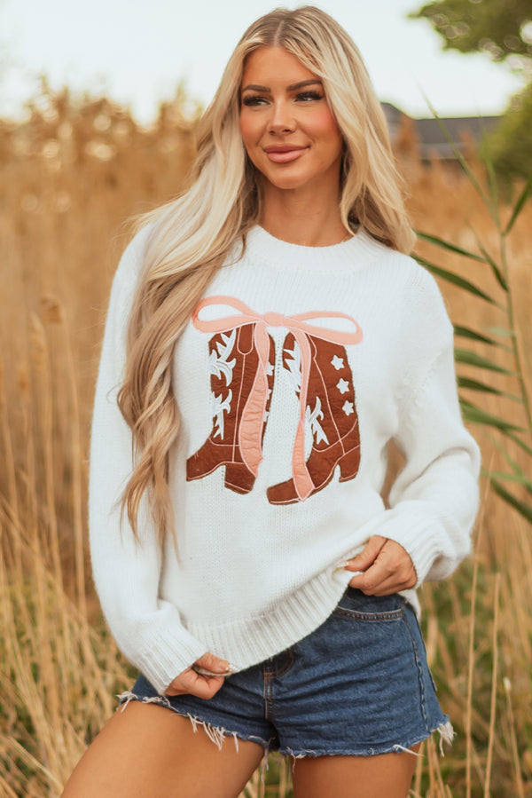 Pull femme brodé, graphique, épaules tombantes — blanc