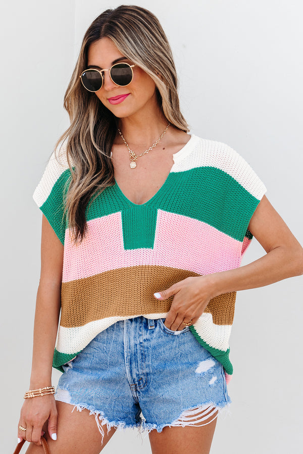 Pull femme col V, colorblock — multicolore