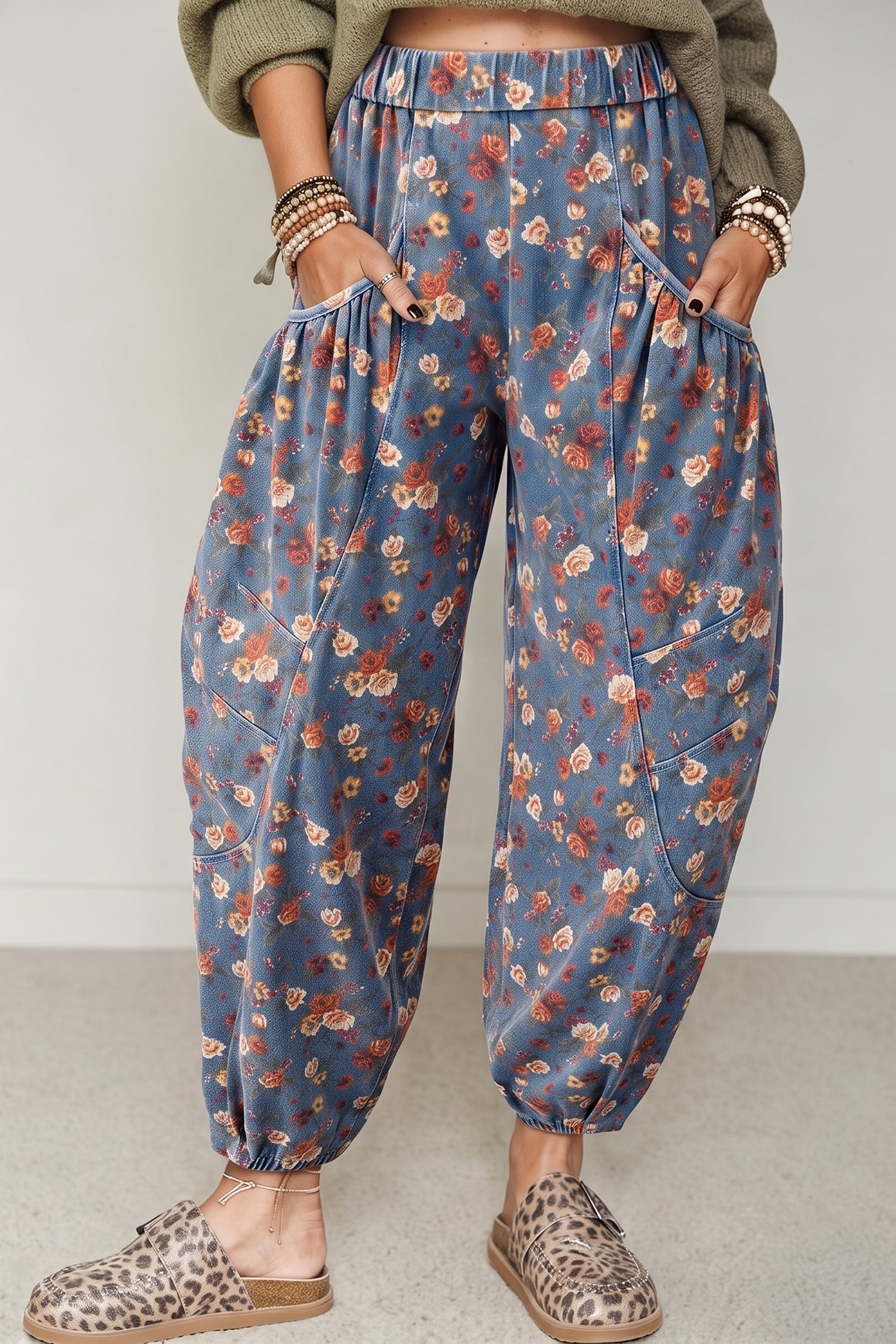 Jean femme floral, poches, taille élastique — bleu ciel