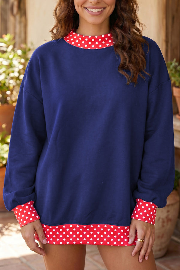 Sweat femme pois, oversized, bordure contrastée, colorblock — bleu