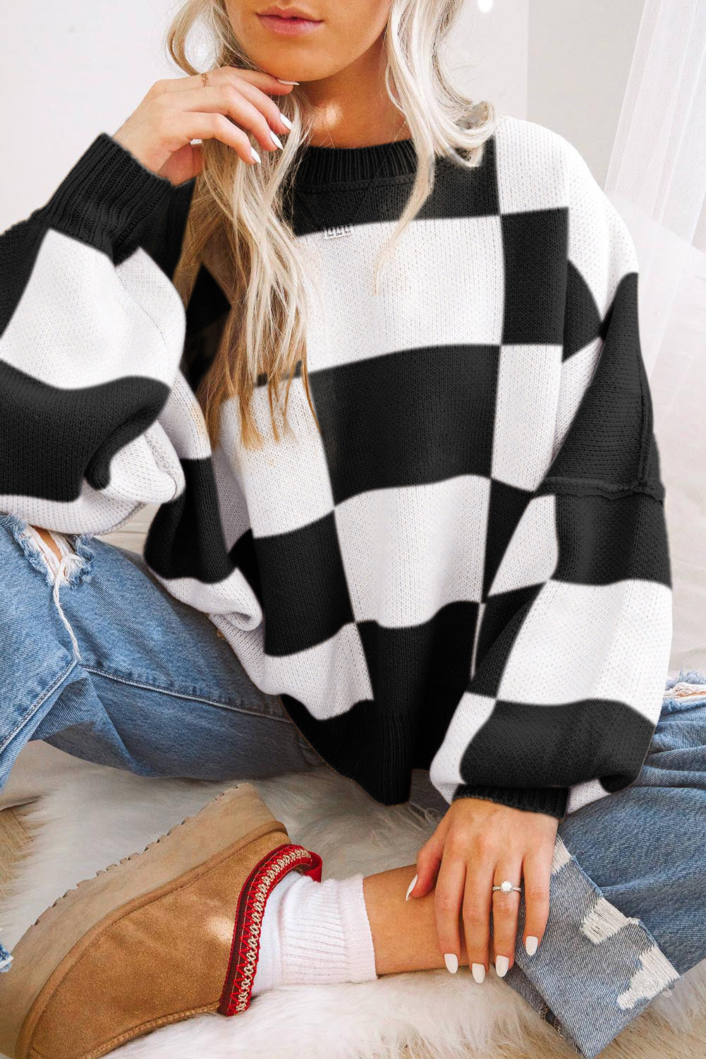 Pull femme à carreaux — noir