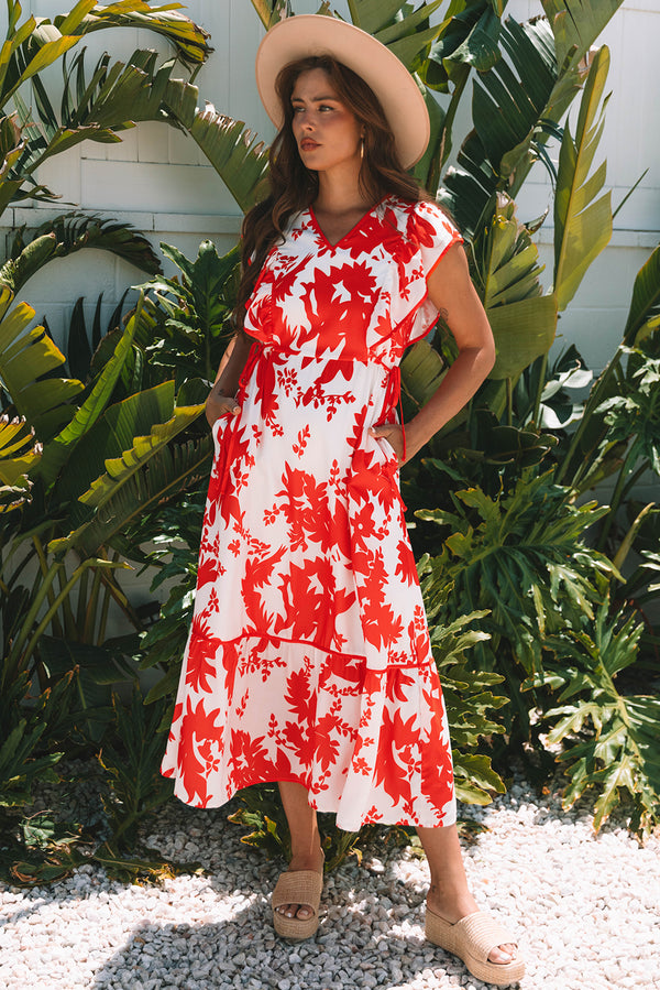Robe femme floral, à volants, col V — rouge · LC6125425-P10320 · LC6125425-P10320-L