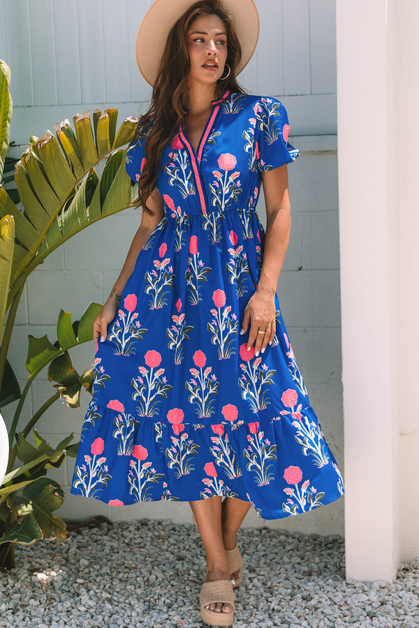 Robe longue femme floral, manches courtes, col V, taille haute, maxi — bleu ciel