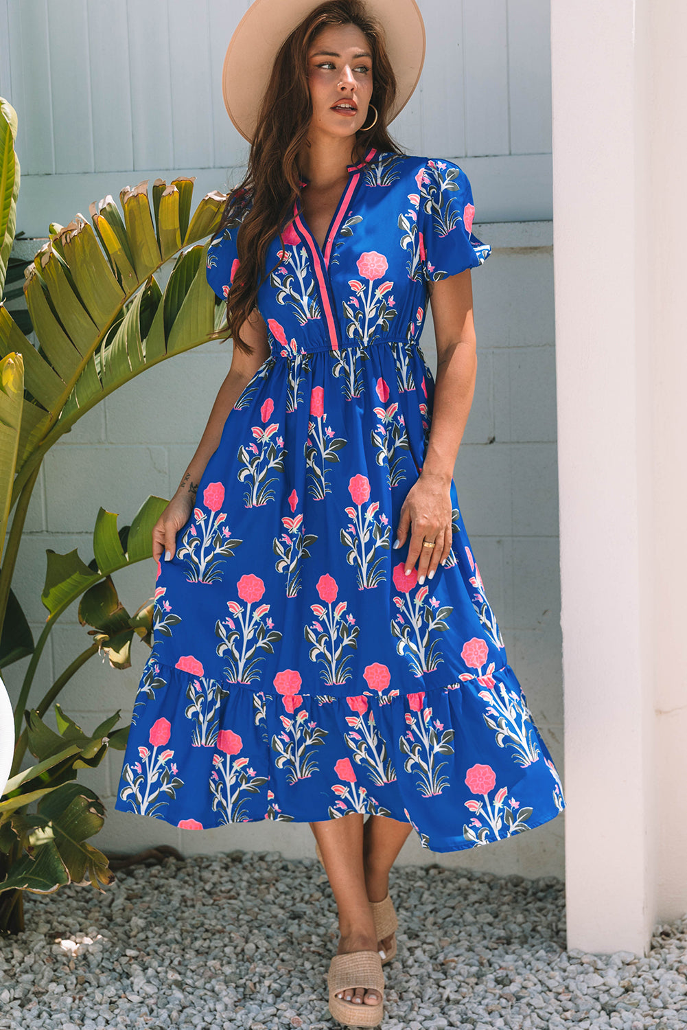 Robe longue femme floral, manches courtes, col V, taille haute, maxi — bleu ciel