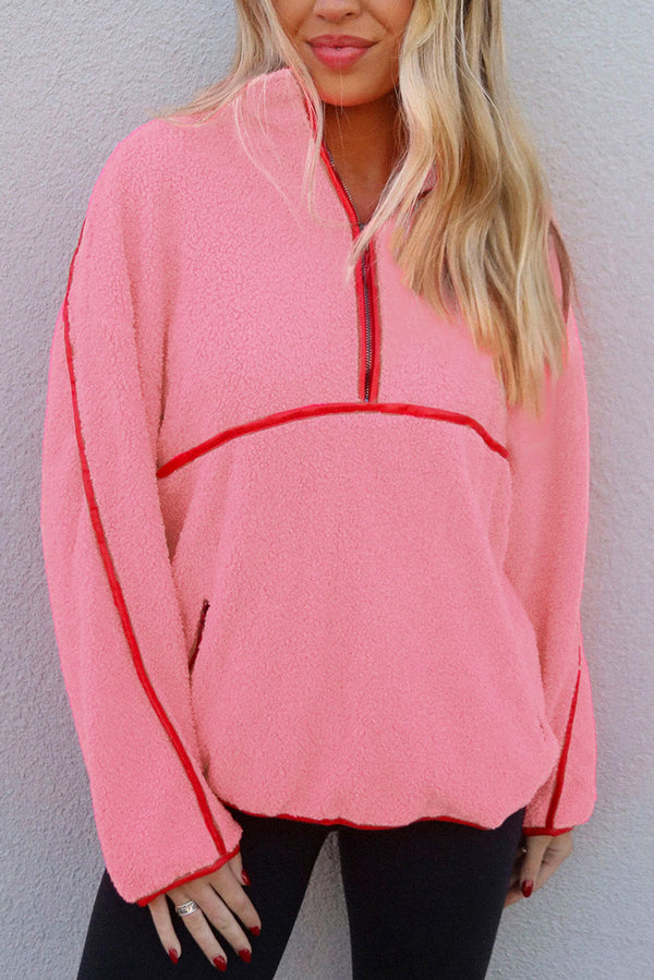 Sweat femme zip, poches — rose
