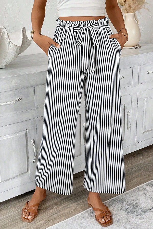 Pantalon femme rayé, taille haute, ample, casual — noir