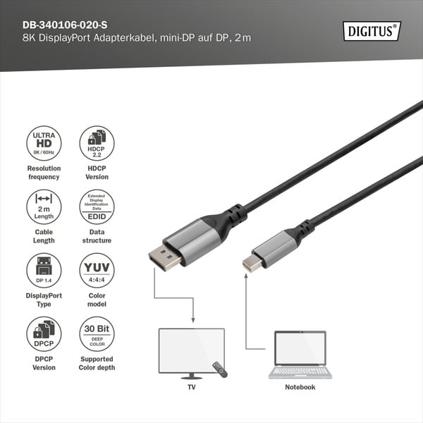 (€ 3,82 / 1 m) Digitus 8K DisplayPort Adapterkabel, mini DisplayPort > DisplayPort - Digitus - vue 3