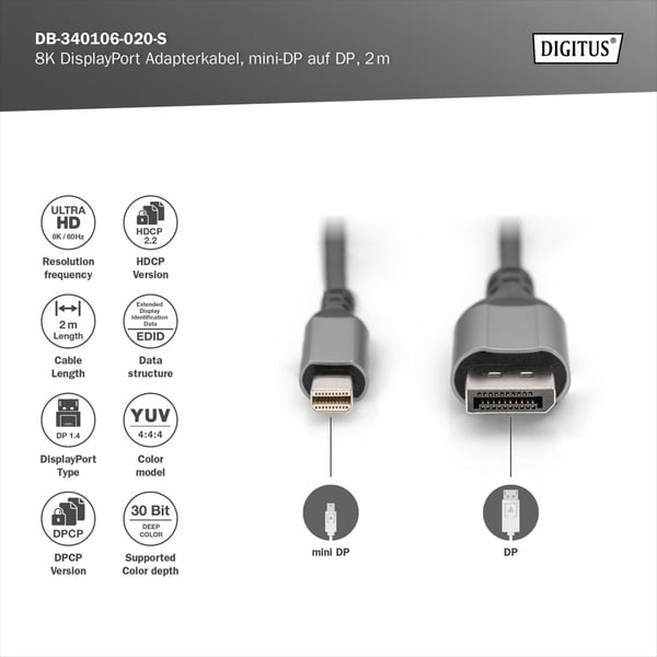 (€ 3,82 / 1 m) Digitus 8K DisplayPort Adapterkabel, mini DisplayPort > DisplayPort - Digitus - vue 4