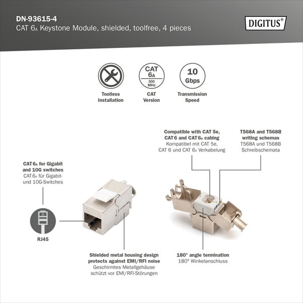 (€ 2,16 / pièces) Digitus CAT 6A Keystone Modul geschirmt werkzeugfrei 4 Stk., Keystone-Modul - Digitus - vue 6