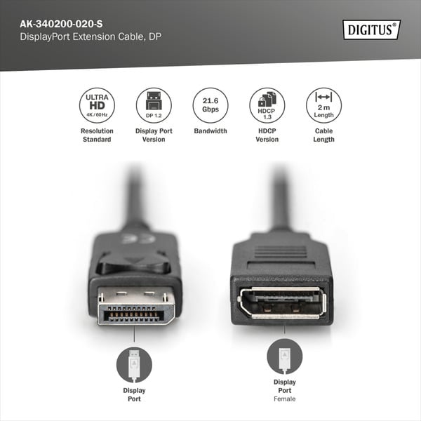 (€ 2,35 / 1 m) Digitus DisplayPort 1.2 Verlängerungskabel, Stecker > Buchse - Digitus - vue 3