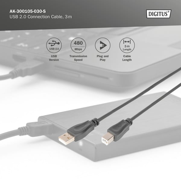 (€ 0,92 / 1 m) Digitus USB 2.0 Anschlusskabel USB-A (Stecker) > USB-B (Stecker) - Digitus - vue 4
