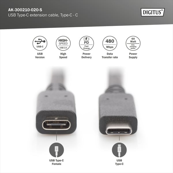(€ 4,20 / 1 m) Digitus USB 2.0 Verlängerungskabel, USB-C Stecker > USB-C Buchse - Digitus - vue 6