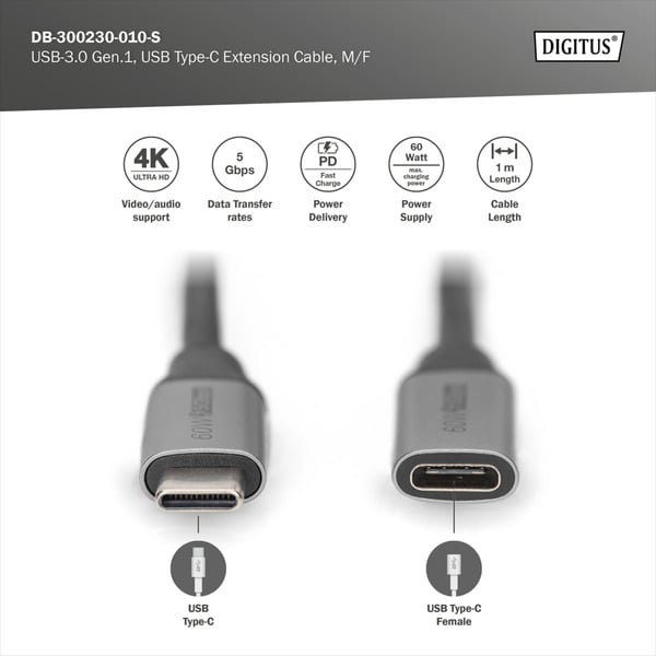 € 8,06 Digitus USB 3.2 Gen 1 Verlängerungskabel, USB-C Stecker > USB-C Buchse - Digitus - vue 4