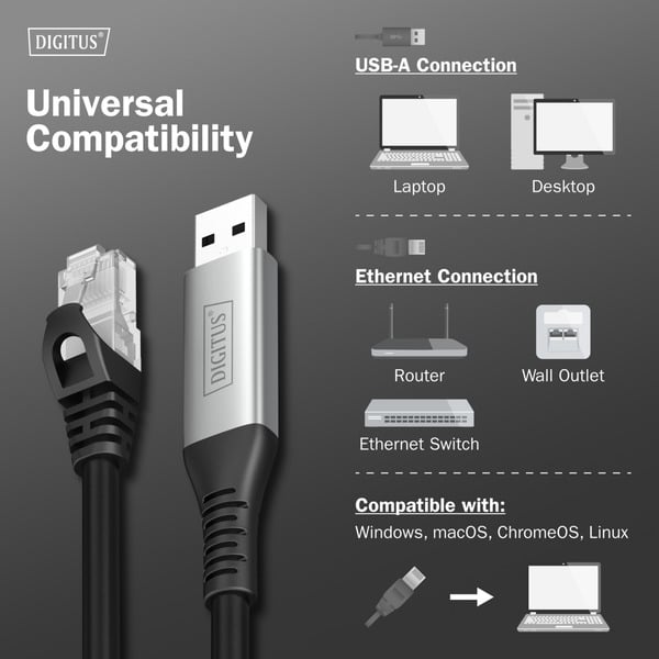 Digitus USB-A 3.2 Gen1 > RJ-45 Ethernet câble, 1Gbit/s, Adapter - Digitus - vue 5