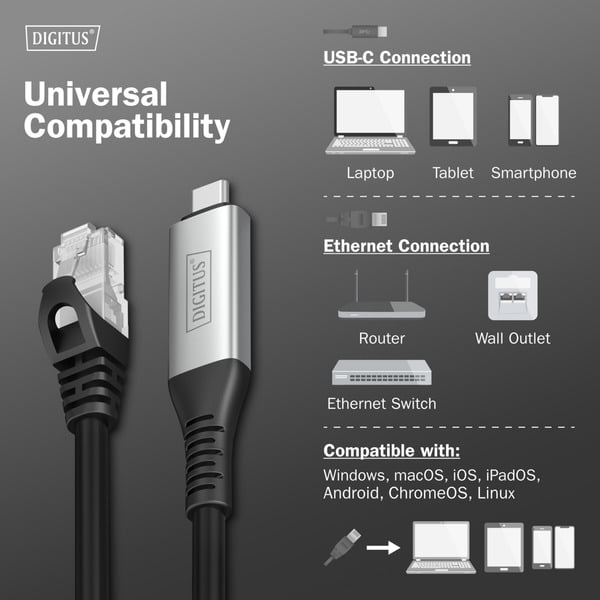 Digitus USB-C 3.2 Gen1 > RJ-45 Ethernet câble, 1Gbit/s, Adapter - Digitus - vue 6