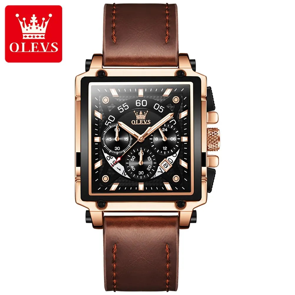 Montre à quartz carrée étanche avec bracelet en cuir pour homme, chronographe et fonction calendrier, marque supérieure | OLEVS aliexpress