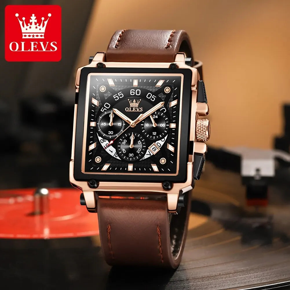 Montre à quartz carrée étanche avec bracelet en cuir pour homme, chronographe et fonction calendrier, marque supérieure | OLEVS aliexpress