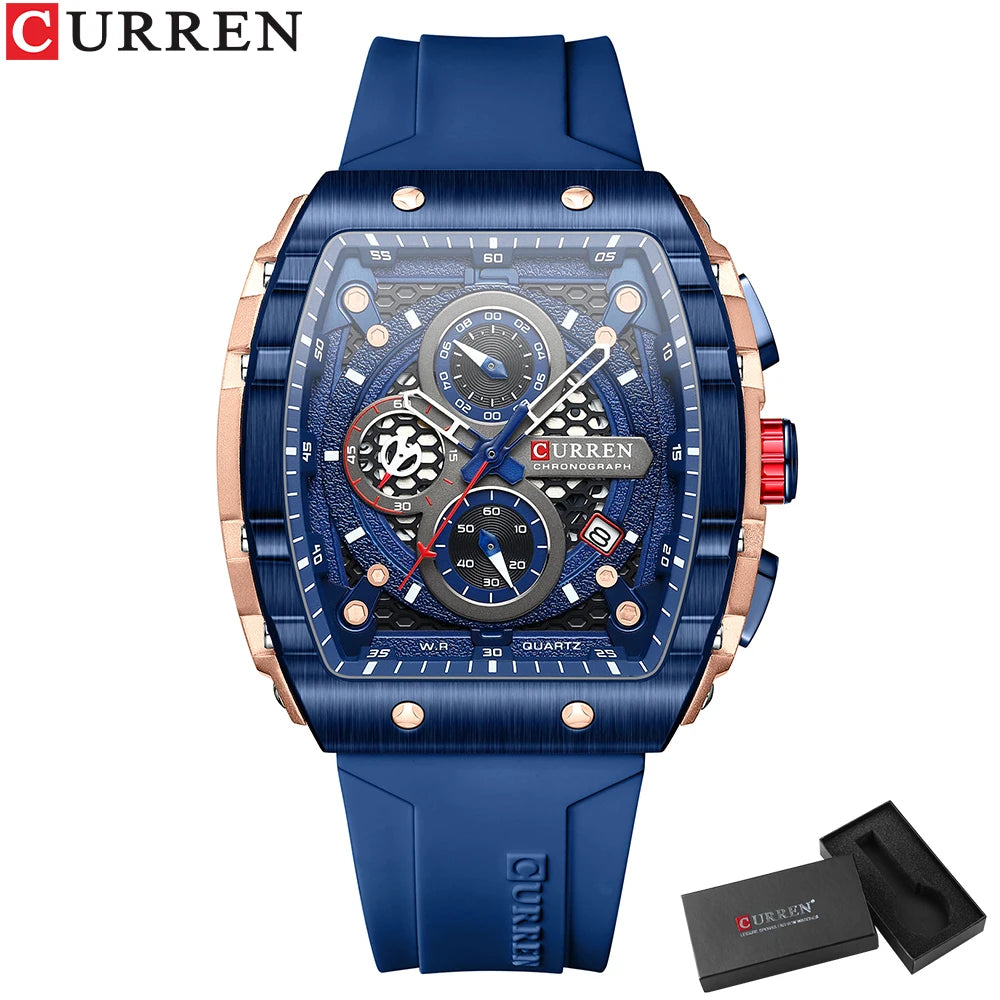 Montre à Quartz CURREN pour Hommes, Chronographe de Sport, Bracelet en Silicone Bleu, Cadran Tonneau avec Date, Étanchéité 3ATM | Wayne Outfitters aliexpress