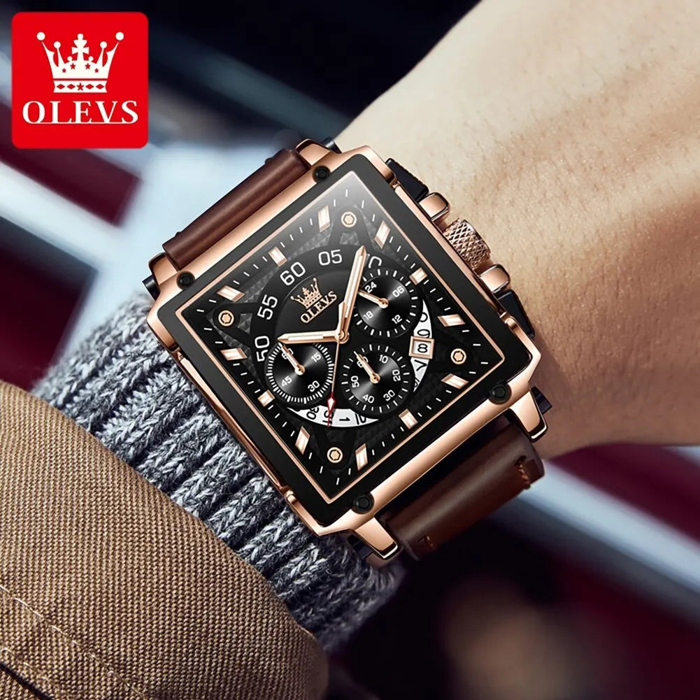 Montre à quartz carrée étanche avec bracelet en cuir pour homme, chronographe et fonction calendrier, marque supérieure | OLEVS aliexpress