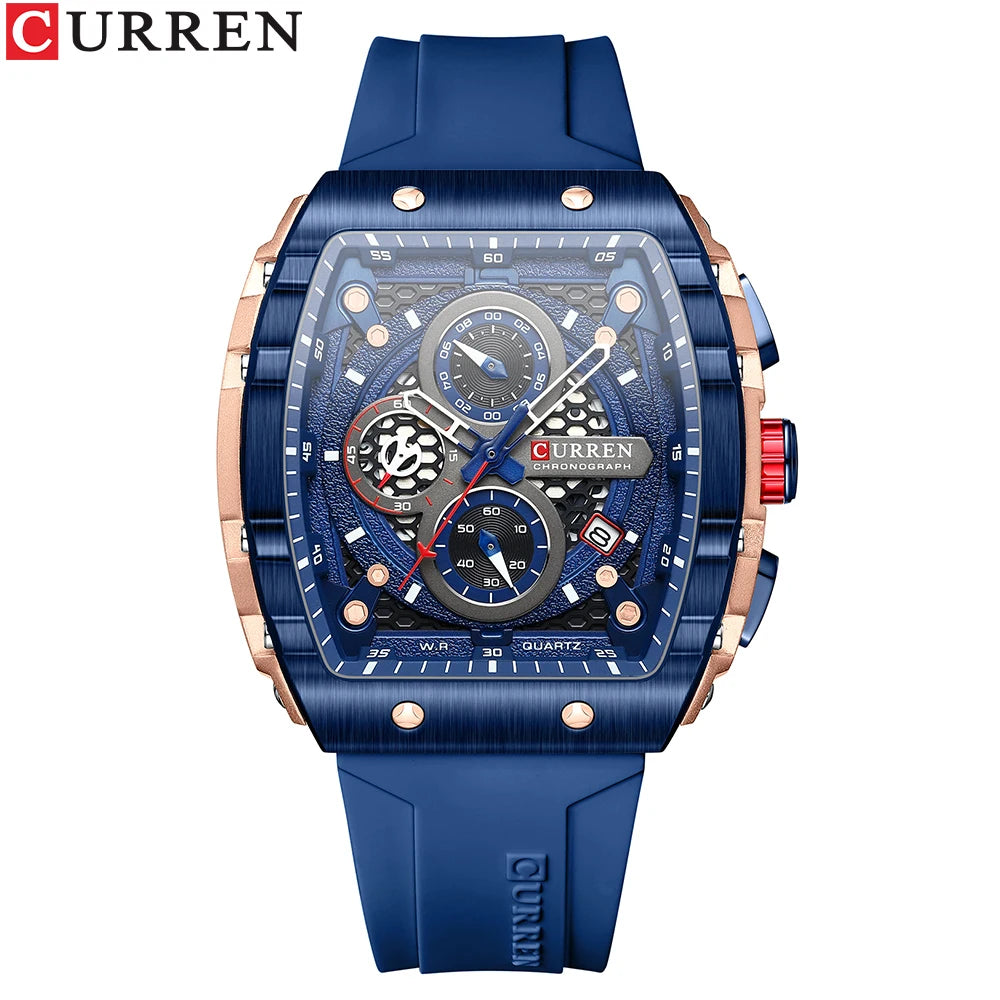 Montre à Quartz CURREN pour Hommes, Chronographe de Sport, Bracelet en Silicone Bleu, Cadran Tonneau avec Date, Étanchéité 3ATM | Wayne Outfitters aliexpress