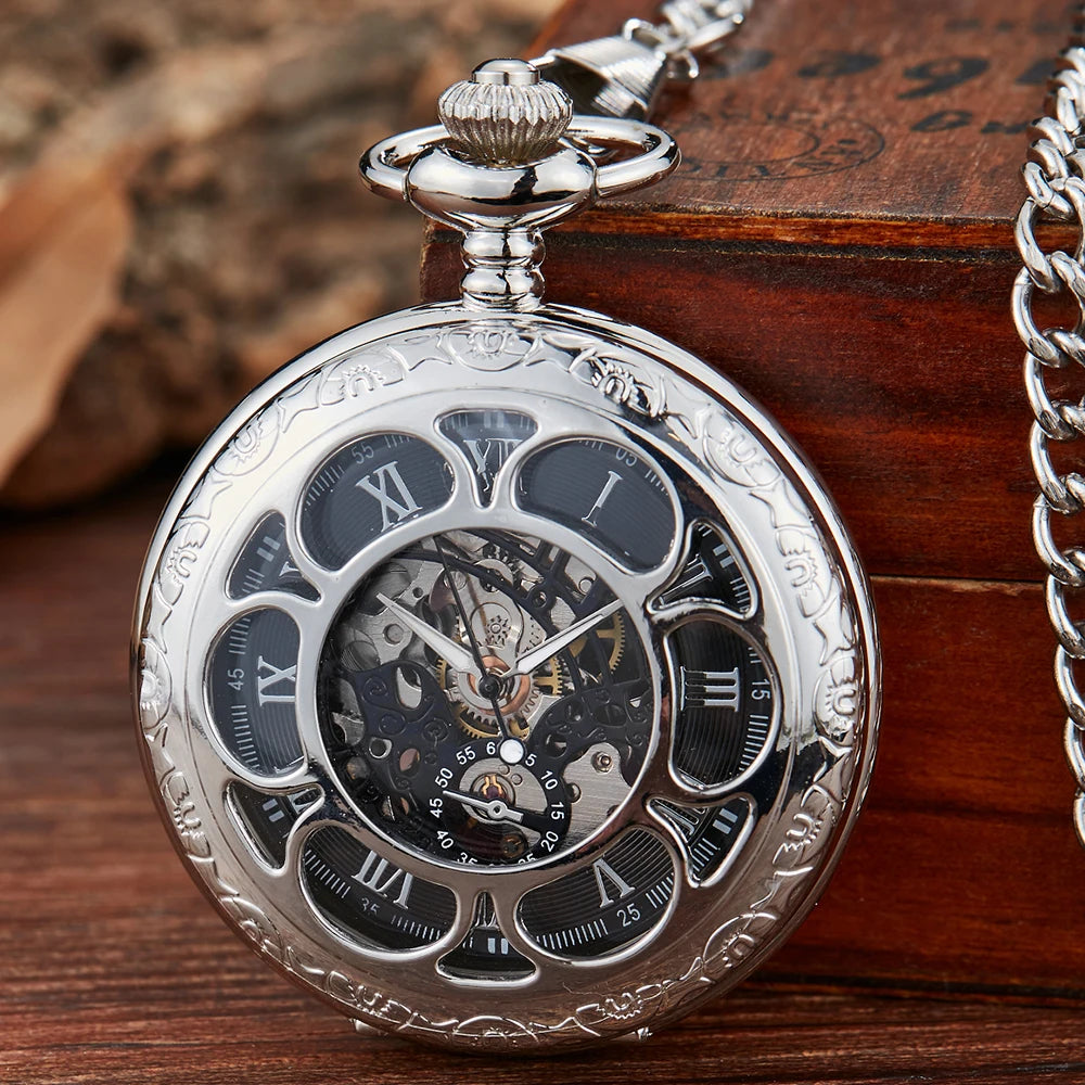 Montre de Poche Mécanique de Luxe à Chiffres Romains pour Homme, Gravé, Boîtier en Argent, Steampunk | Wayne Outfitters aliexpress