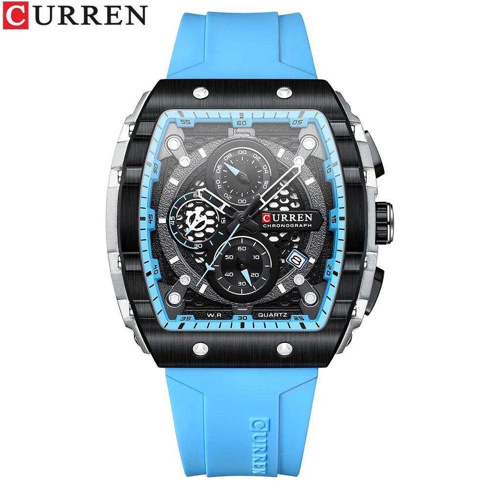 Montre à Quartz CURREN pour Hommes, Chronographe de Sport, Bracelet en Silicone Bleu, Cadran Tonneau avec Date, Étanchéité 3ATM | Wayne Outfitters aliexpress