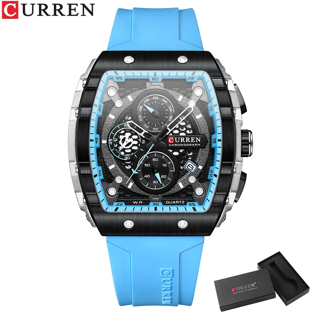 Montre à Quartz CURREN pour Hommes, Chronographe de Sport, Bracelet en Silicone Bleu, Cadran Tonneau avec Date, Étanchéité 3ATM | Wayne Outfitters aliexpress