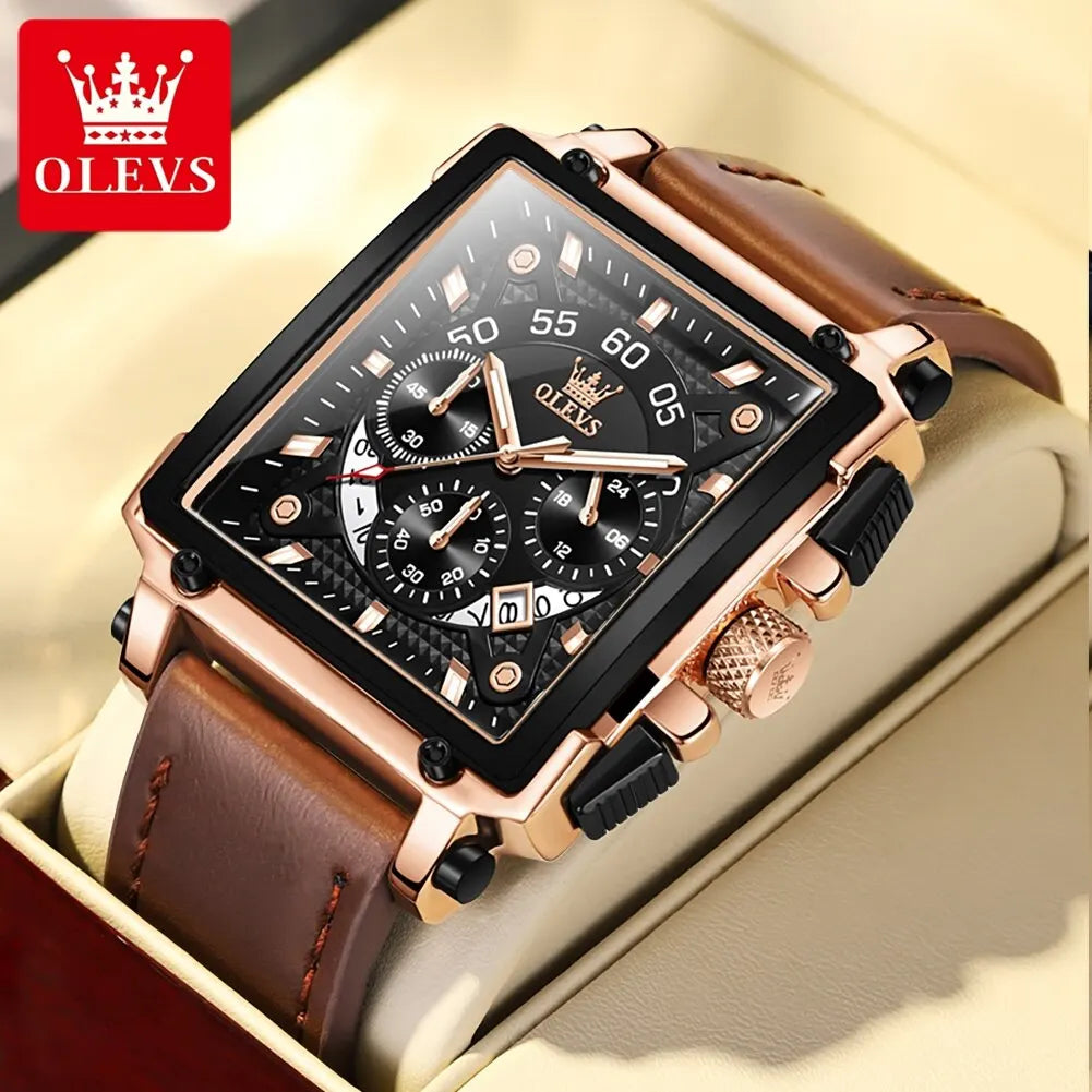 Montre à quartz carrée étanche avec bracelet en cuir pour homme, chronographe et fonction calendrier, marque supérieure | OLEVS aliexpress