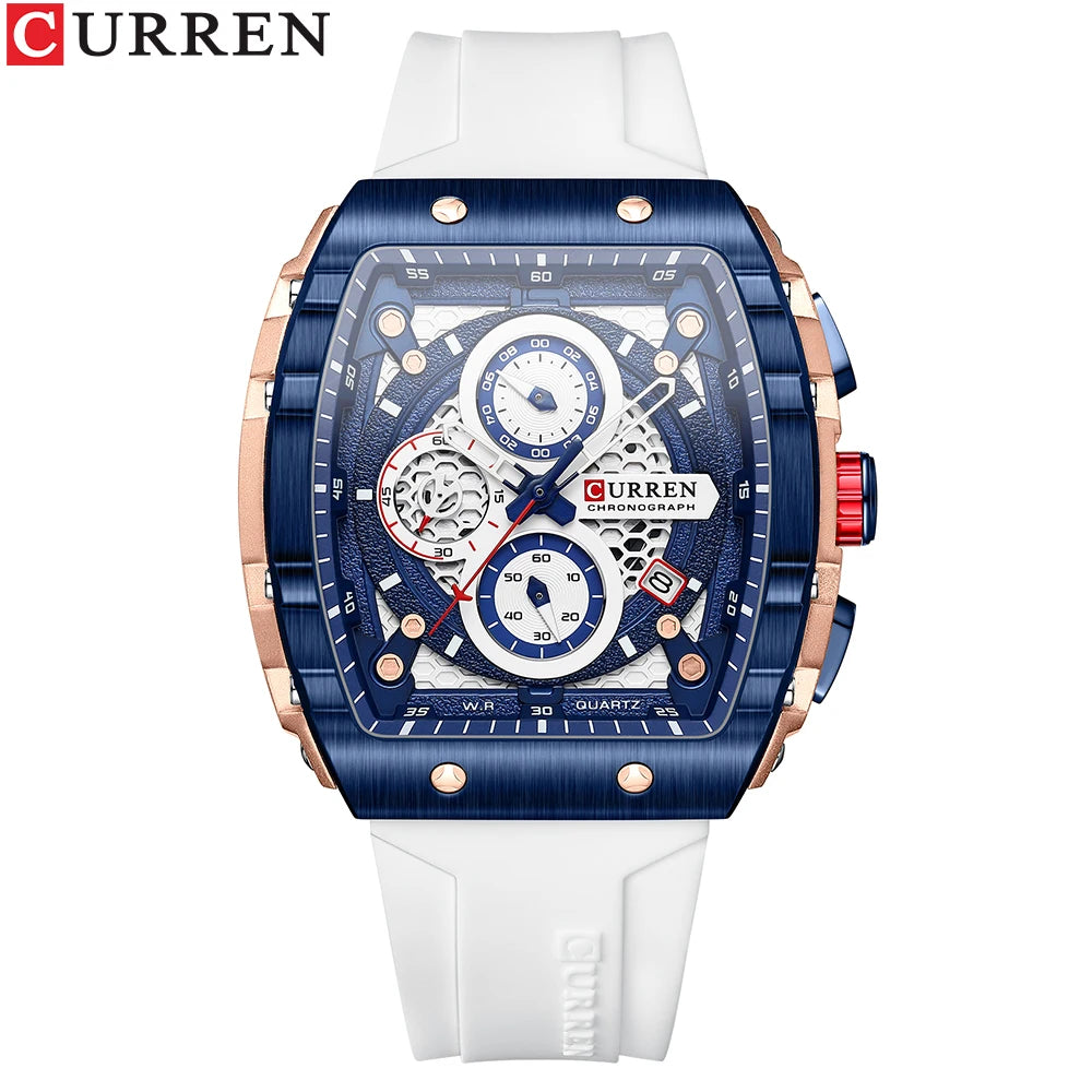 Montre à Quartz CURREN pour Hommes, Chronographe de Sport, Bracelet en Silicone Bleu, Cadran Tonneau avec Date, Étanchéité 3ATM | Wayne Outfitters aliexpress