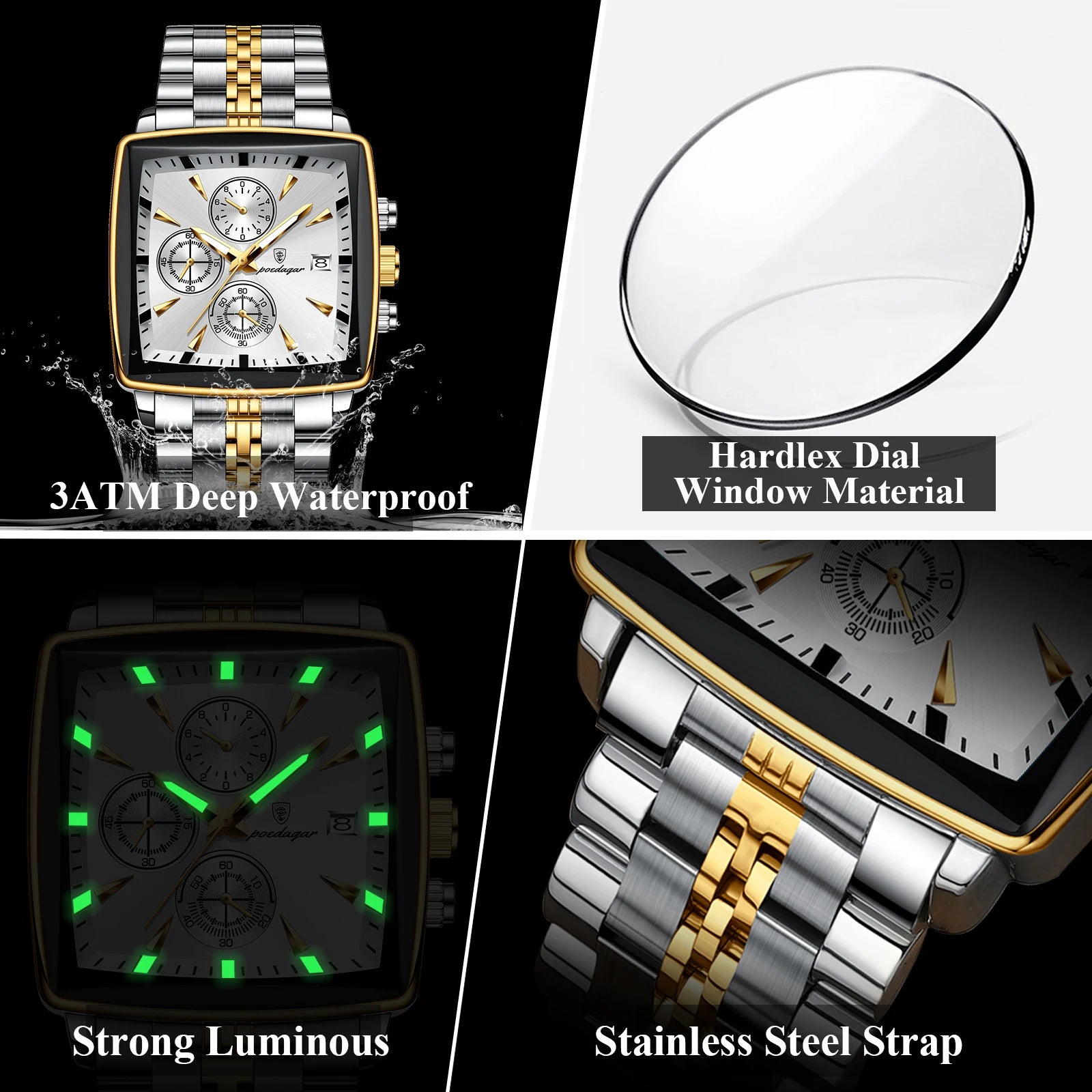 Montre-bracelet de sport carrée de luxe pour homme, chronographe étanche, montre à quartz en acier inoxydable | POEDAGAR aliexpress