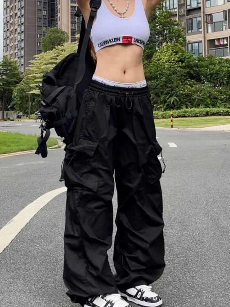 Pantalon de survêtement baggy à jambes larges pour femmes, pantalon noir parachute Y2K, Streetwear Hiphelicopter, poches surdimensionnées, Cargo FjHarajuku | Wayne Outfitters aliexpress