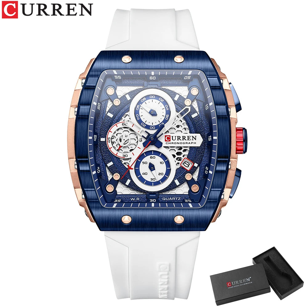 Montre à Quartz CURREN pour Hommes, Chronographe de Sport, Bracelet en Silicone Bleu, Cadran Tonneau avec Date, Étanchéité 3ATM | Wayne Outfitters aliexpress